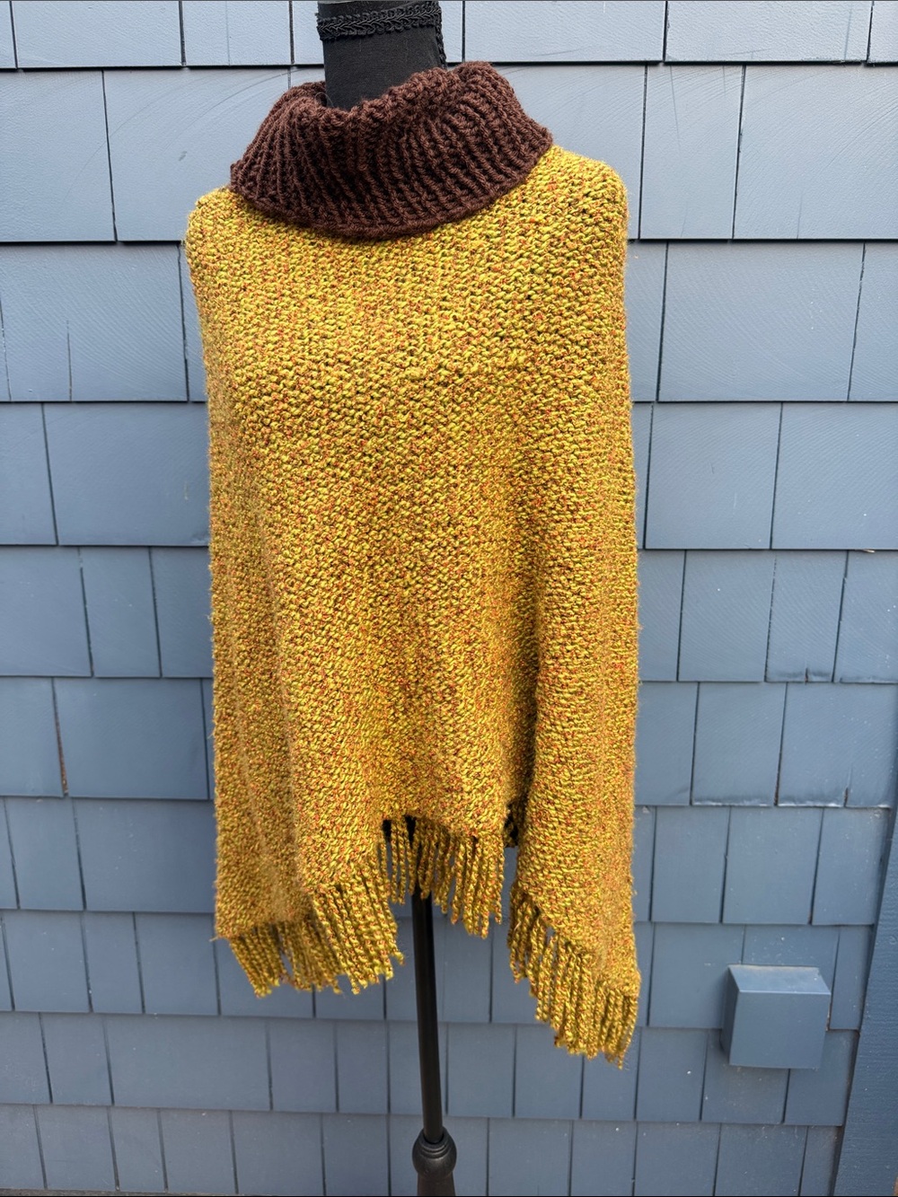 Cozy Mustard Yellow Knit Poncho with Brown Cowl Neck